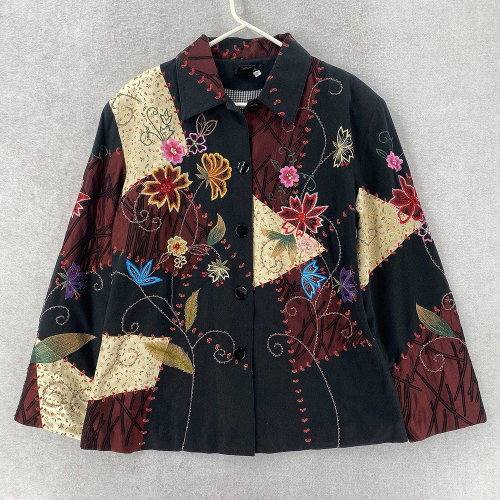 Bala Bala 100% SILK Blazer Jacket‎ Womens 1X Art To Wear Embroidered Floral